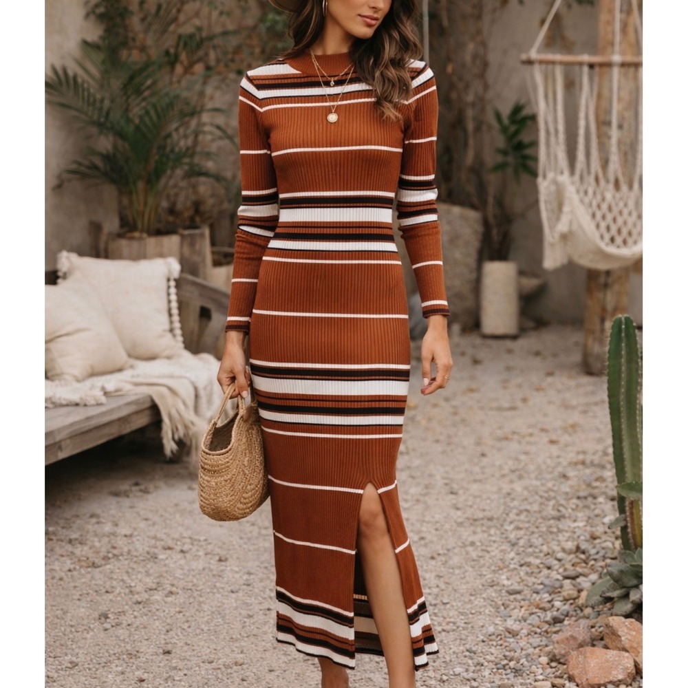 Say What XL Womens Striped Knit Ribbed Long Sleeve Bodycon Slip Dress Streetwear